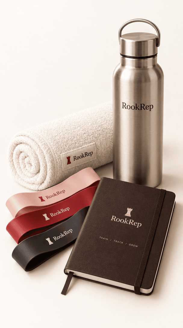 RookRep starter kit with a stainless steel bottle, towel, resistance bands, and training notebook